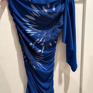 One-Shoulder Royal Blue Ruched Mini Dress with Metallic Floral Print